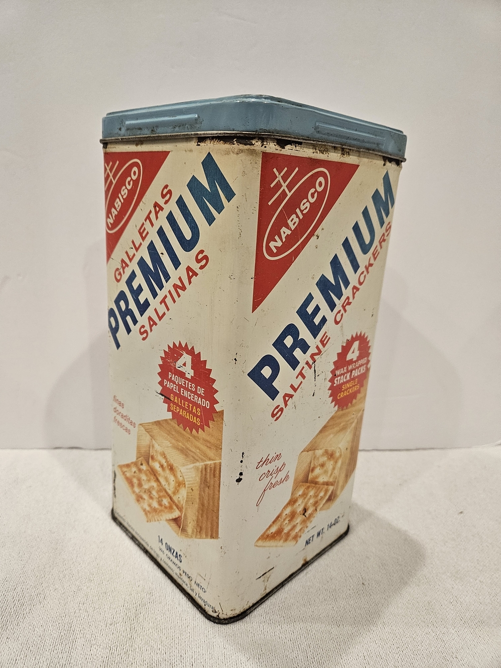 Vintage Nabisco Premium Saltine Crackers Tin 1969 Bilingual English Spanish 14oz